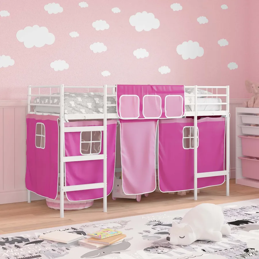 Cadre de Lit Mezzanine pour Enfants avec Rideaux Blanc et rose - 3
