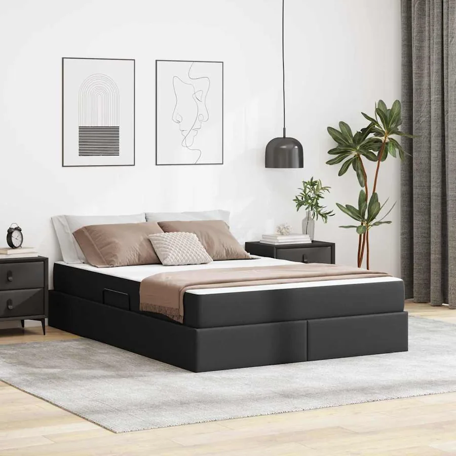 Lit avec rangement et matelas avec matelas 2 pcs Noir Cuir