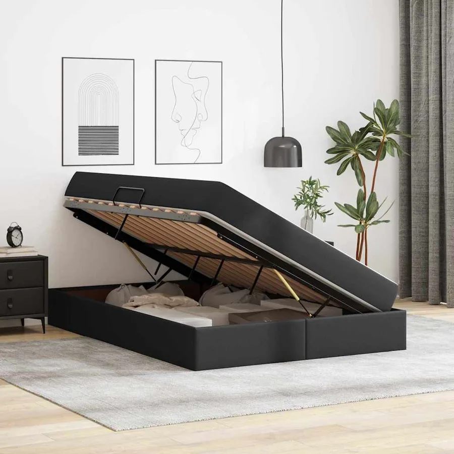 Lit avec rangement et matelas avec matelas 2 pcs Noir Cuir - 4