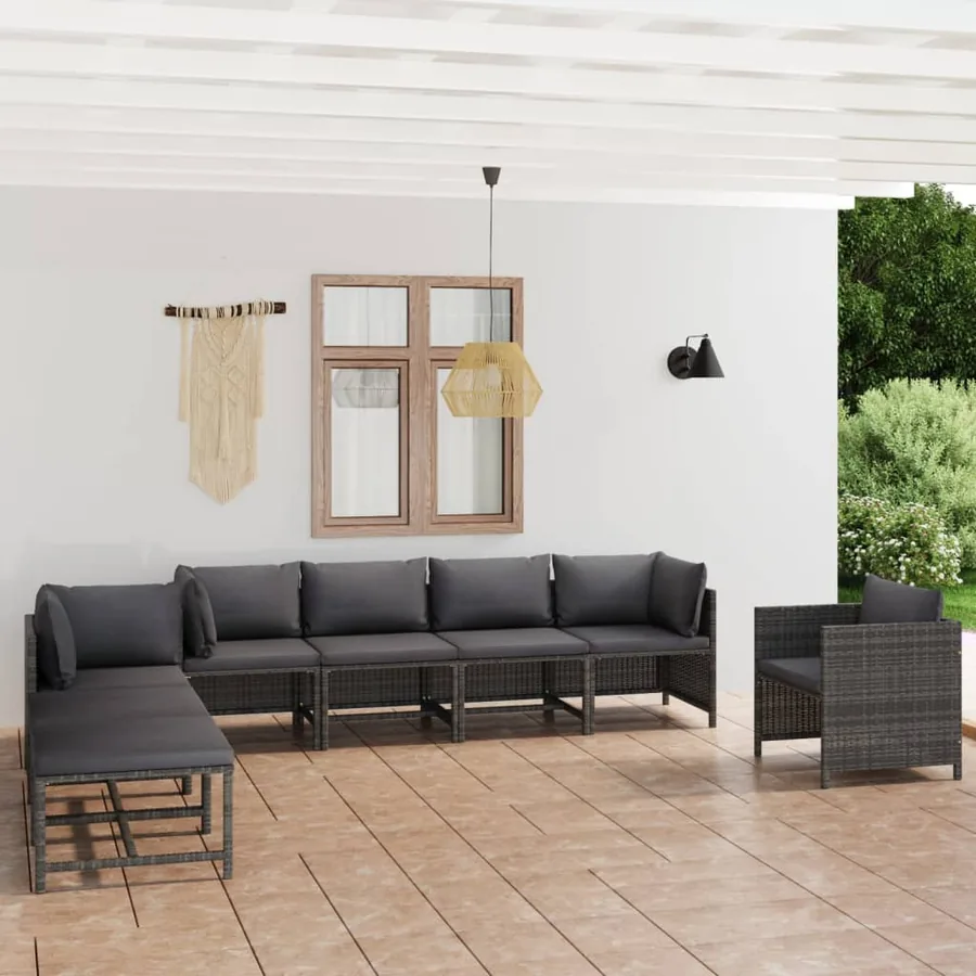 Salon de jardin 8 pcs avec coussins Résine tressée Gris