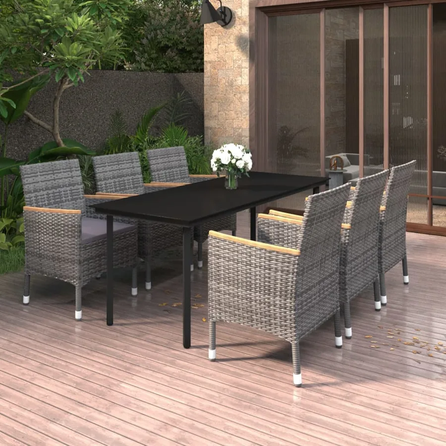 Ensemble à manger de jardin coussins 7 pcs Résine tressée Verre