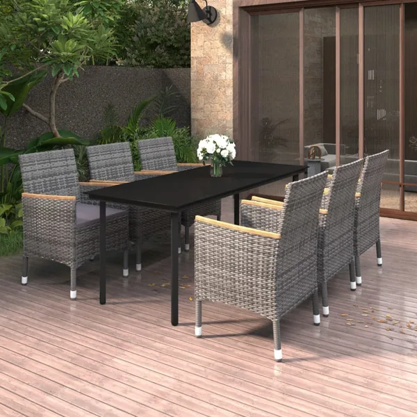 Ensemble à manger de jardin coussins 7 pcs Résine tressée Verre