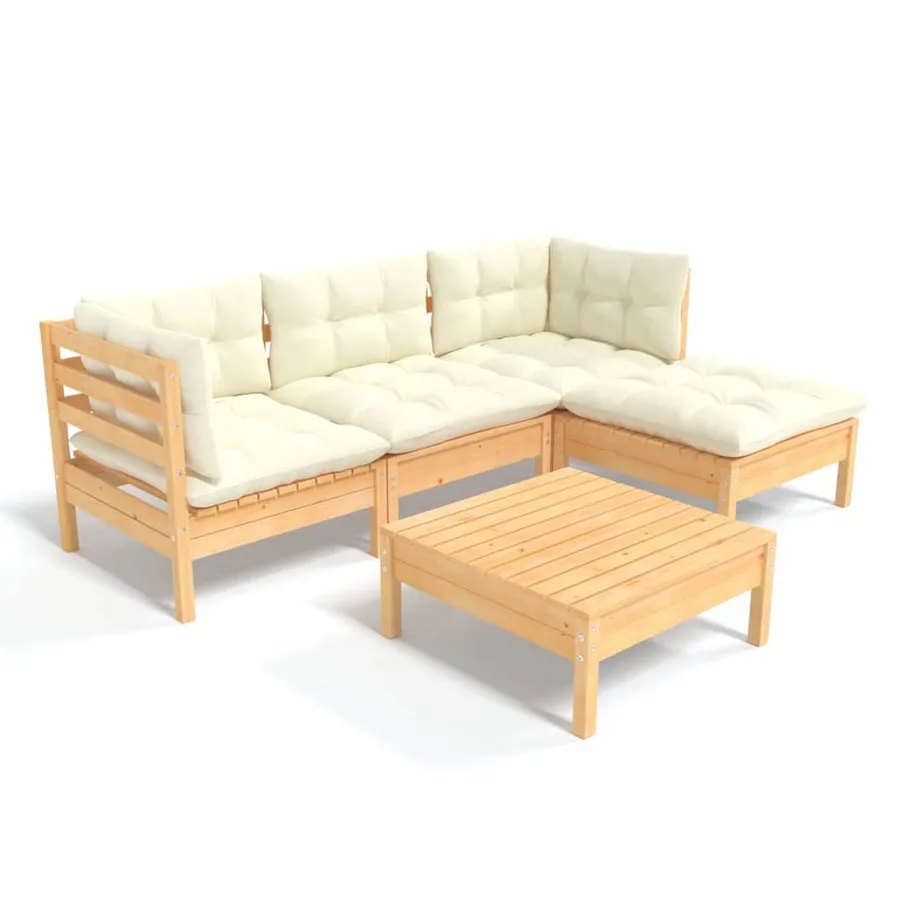 Salon de jardin 5 pcs avec coussins crème bois de pin - 2