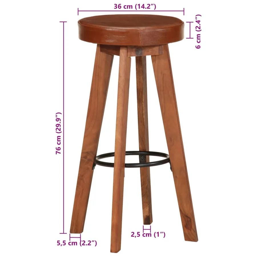 Chaises de bar lot de 2 cuir véritable et bois d'acacia solide - 10