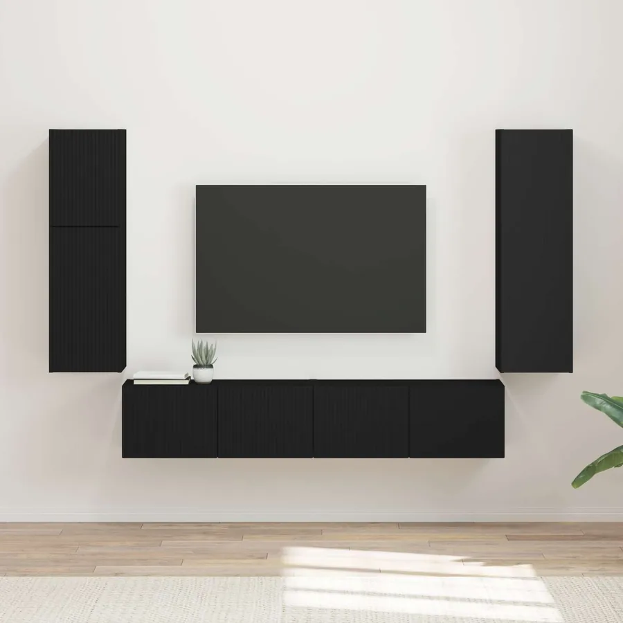 Ensemble meuble TV Montage mural 4 pcs Noir Bois d'ingénierie