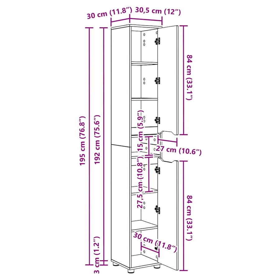 Cabinet de salle de bain Chêne fumé 30,5 x 30 x 195 cm - 14
