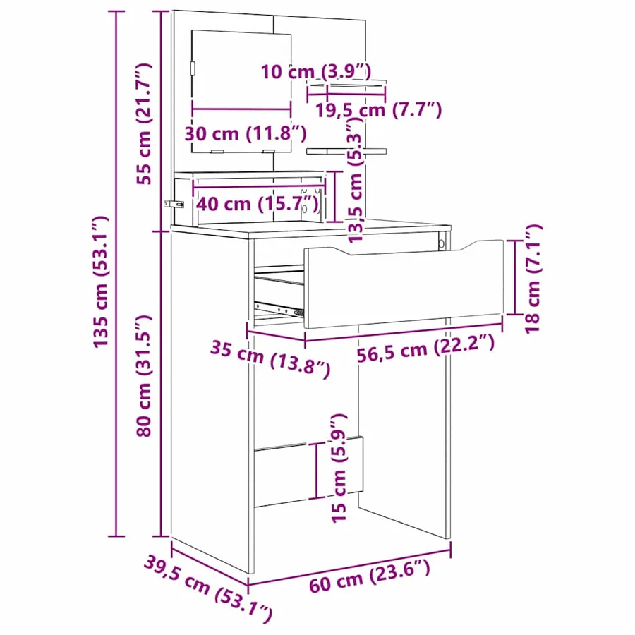 Tables de maquillage pour chambre avec tiroir Gris Sonoma - 13