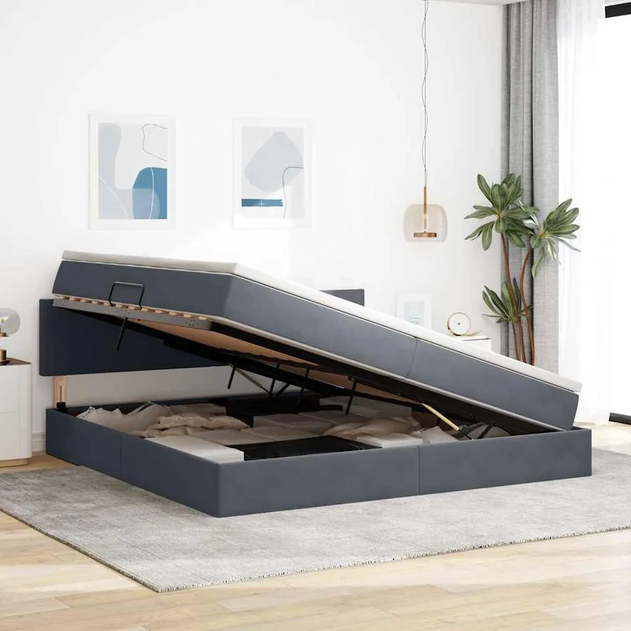 Lit de rangement LED avec matelas Gris foncé 200 x 200 cm