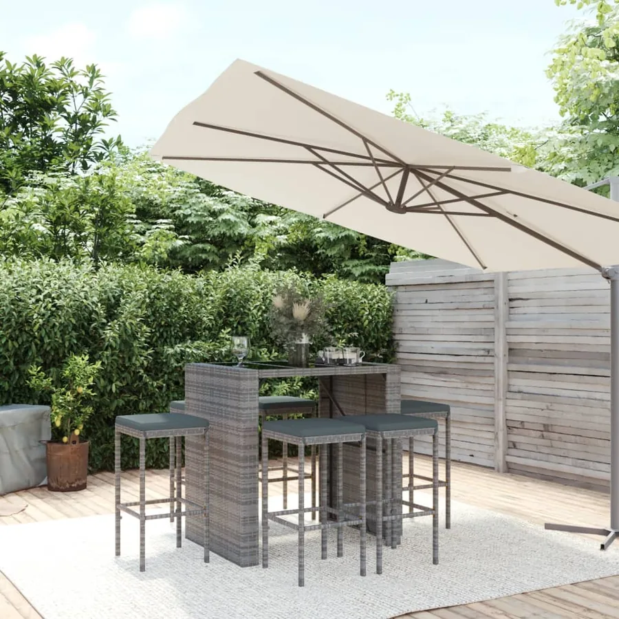 Ensemble de bar de jardin 7 pcs avec coussins gris poly rotin