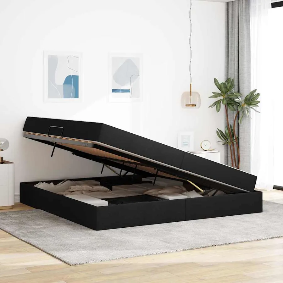 Lit avec rangement et matelas Noir 200 x 200 cm Polyester - 4