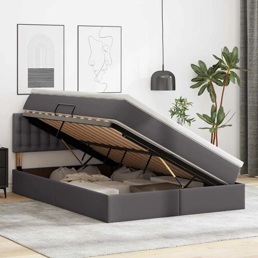 Lit avec rangement et LED Gris 140 x 190 cm Cuir synthétique - 4