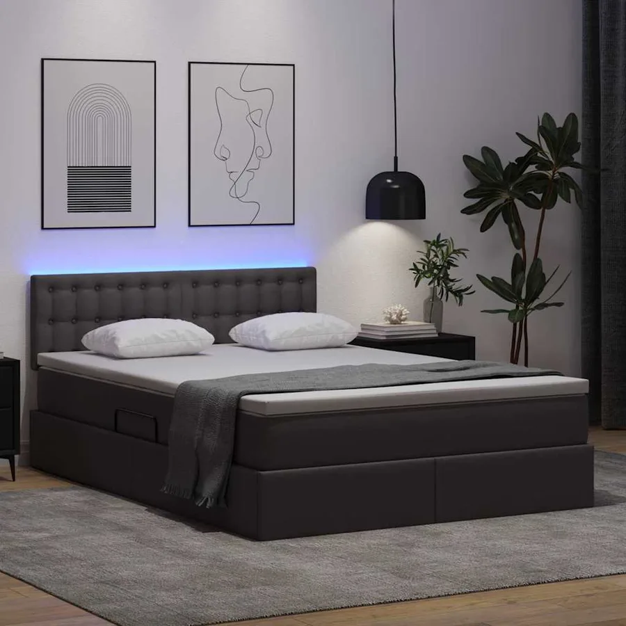 Lit avec rangement et LED Gris 140 x 190 cm Cuir synthétique - 5