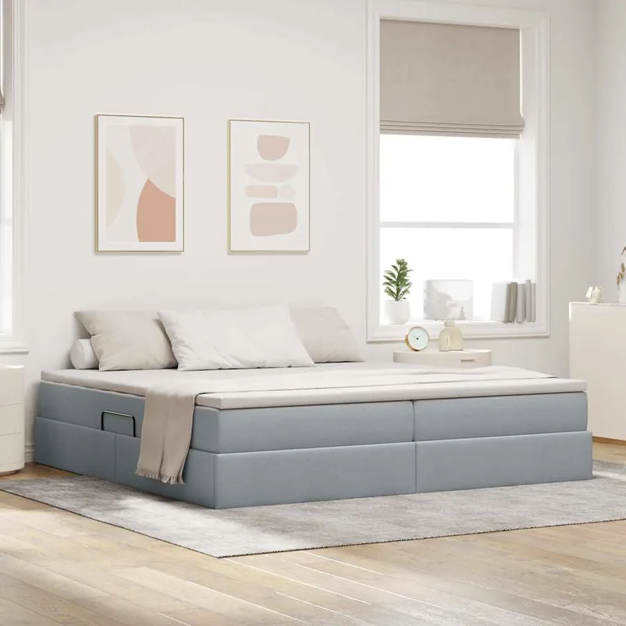 Lit avec rangement et matelas Gris clair 200 x 200 cm Polyester