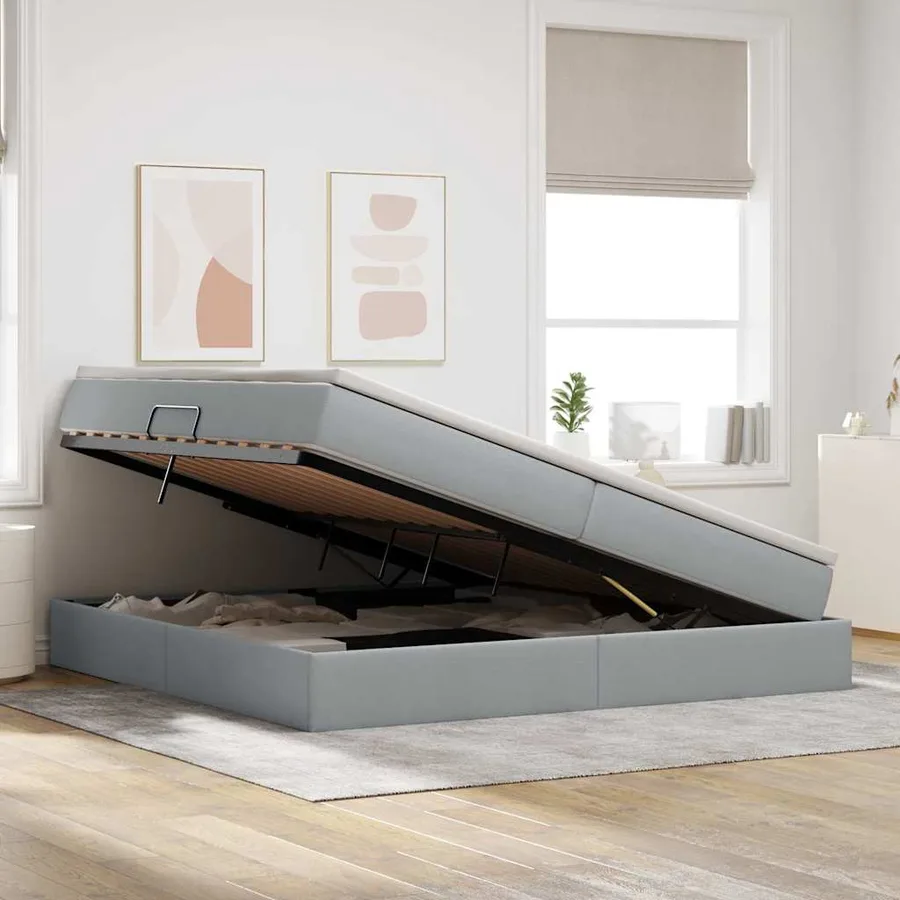 Lit avec rangement et matelas Gris clair 200 x 200 cm Polyester - 4