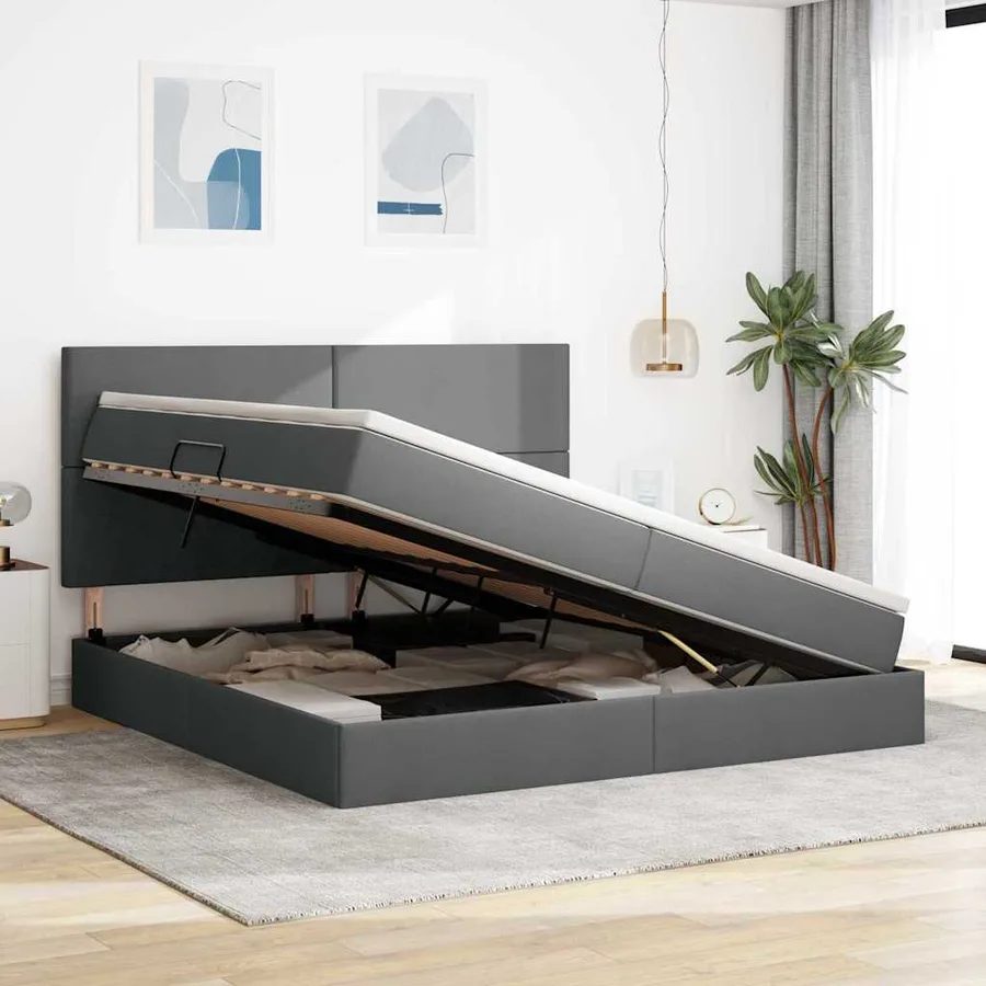 Lit de rangement LED avec matelas Gris foncé 200 x 200 cm Tissu - 4