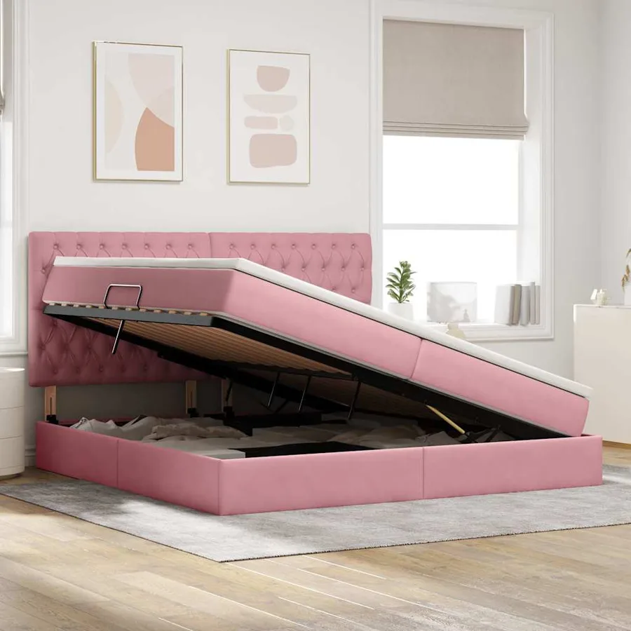 Lit avec rangement et matelas Rose 200 x 200 cm Velours - 4