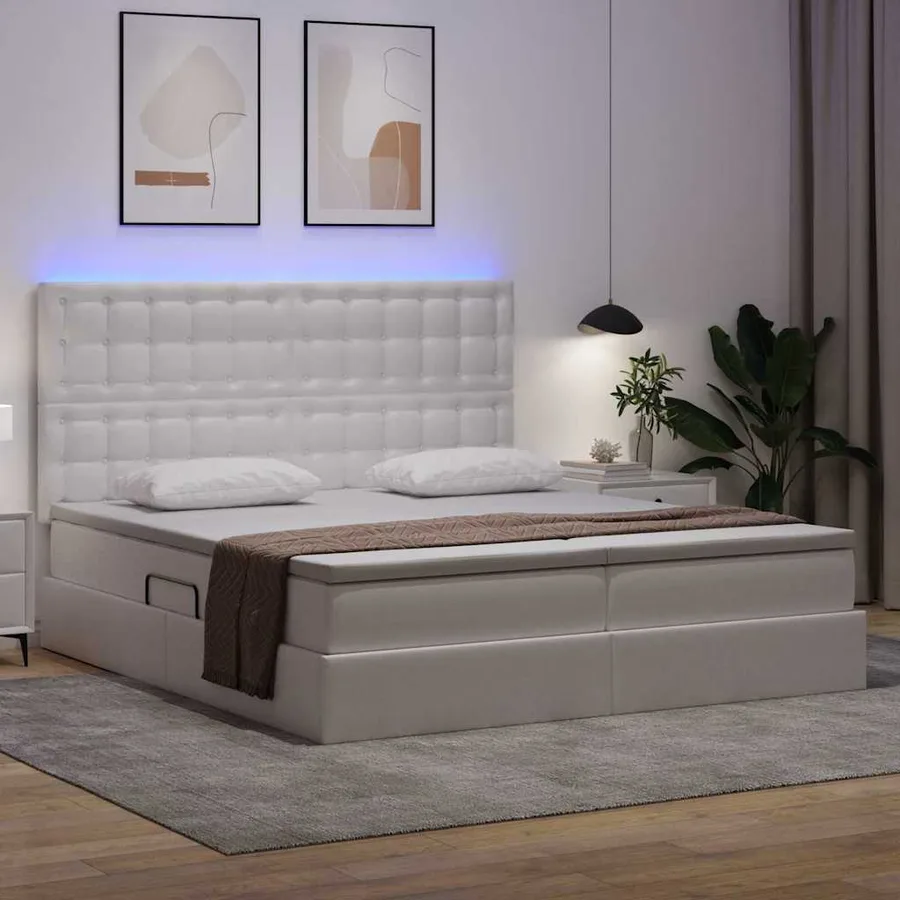 Lit avec rangement et LED Blanc pur 200 x 200 cm Simili cuir - 5