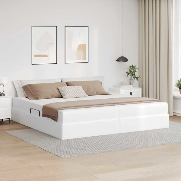 Lit avec rangement et matelas avec matelas 2 pcs Blanc Cuir