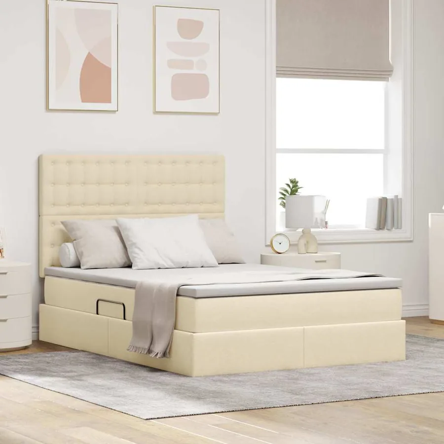 Lit avec rangement et matelas Crème 140 x 190 cm tissu