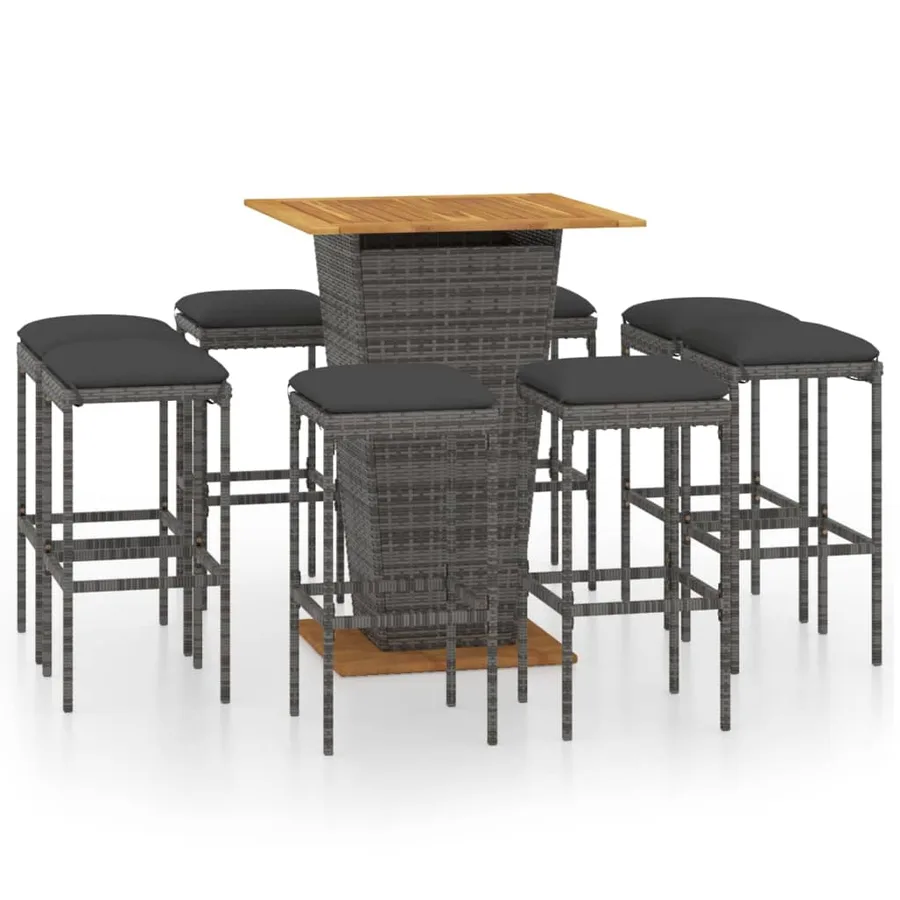 Ensemble de bar de jardin 9 pcs et coussins Résine tressée Gris - 2