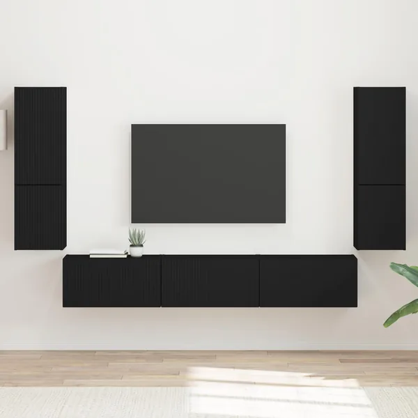 Ensemble meuble TV Montage mural 4 pcs Noir Bois d'ingénierie