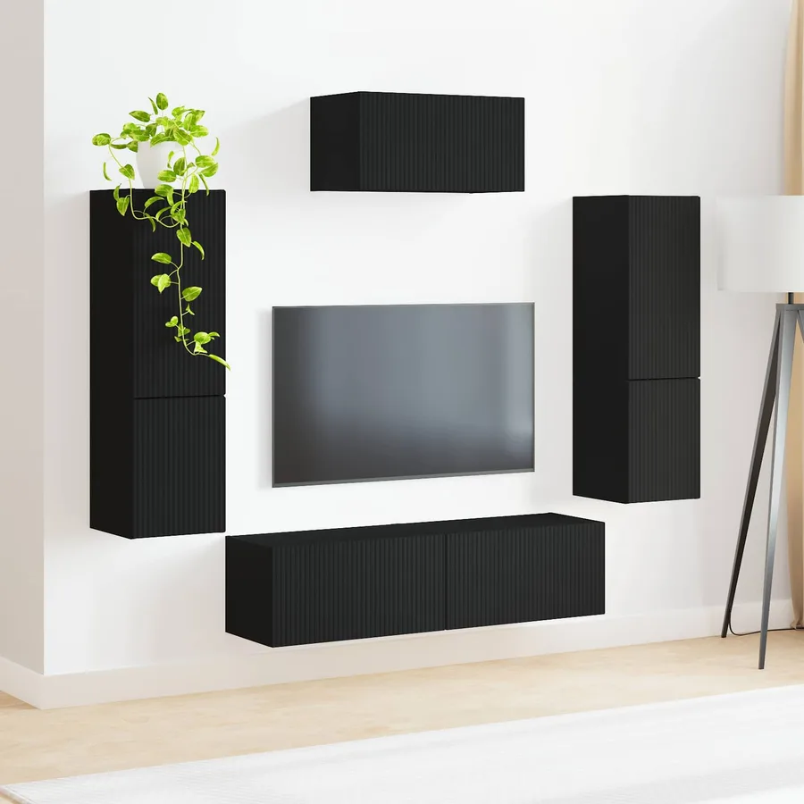 Ensemble meuble TV Montage mural 4 pcs Noir Bois d'ingénierie - 4