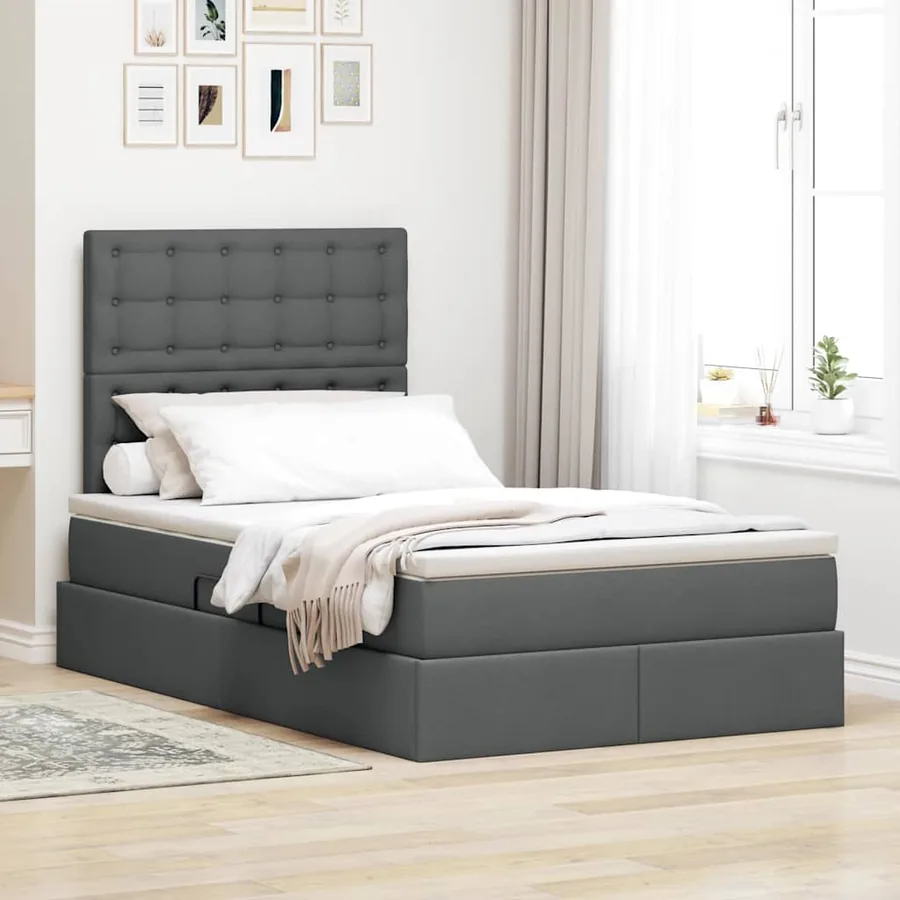 Lit de rangement LED avec matelas Gris foncé 120 x 200 cm Tissu