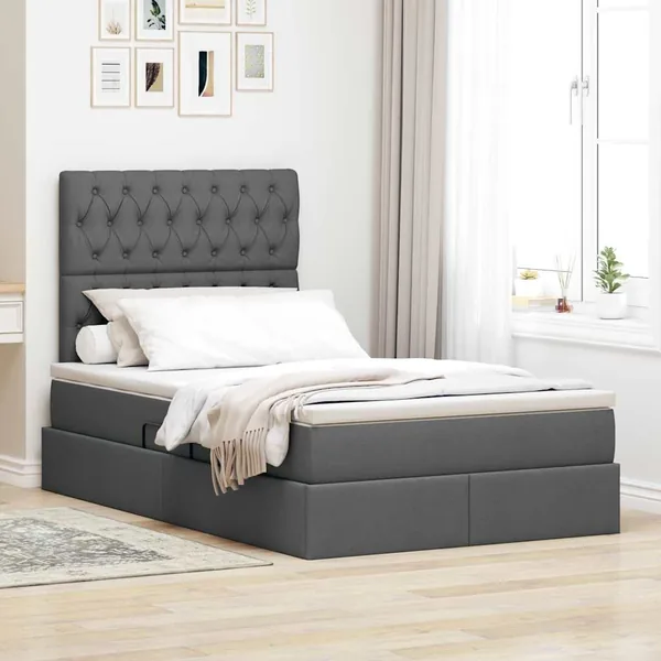 Lit de rangement LED avec matelas Gris foncé 120 x 200 cm Tissu