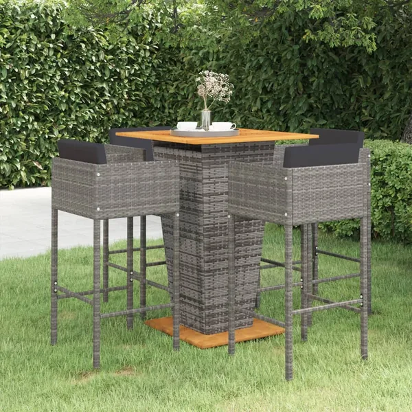 Ensemble de bar de jardin 5 pcs et coussins Résine tressée Gris
