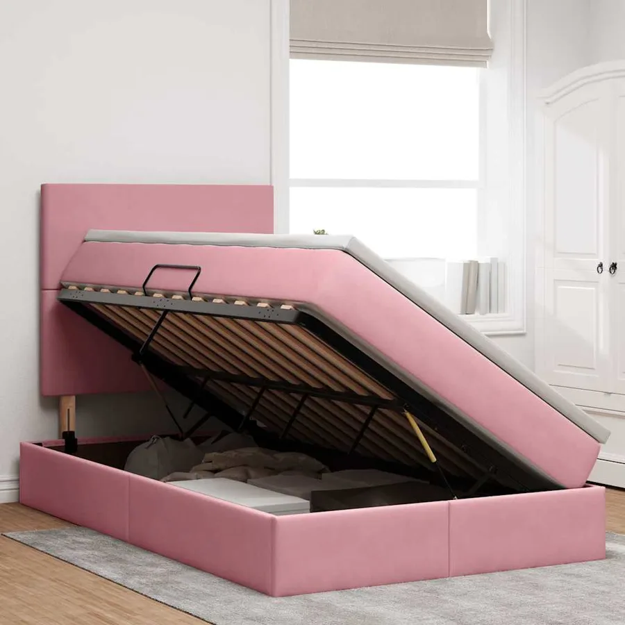 Lit avec rangement et matelas Rose 120 x 190 cm Velours - 4