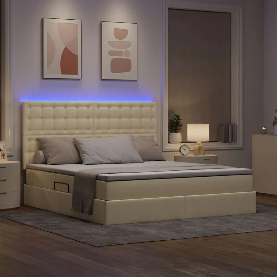 Lit de rangement LED avec matelas Crème 160 x 200 cm Tissu - 5
