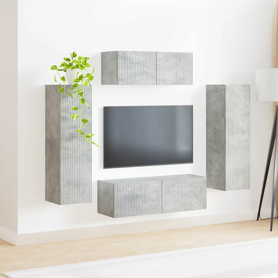 Ensemble meuble TV 3 pcs Gris béton Bois d'ingénierie - 4