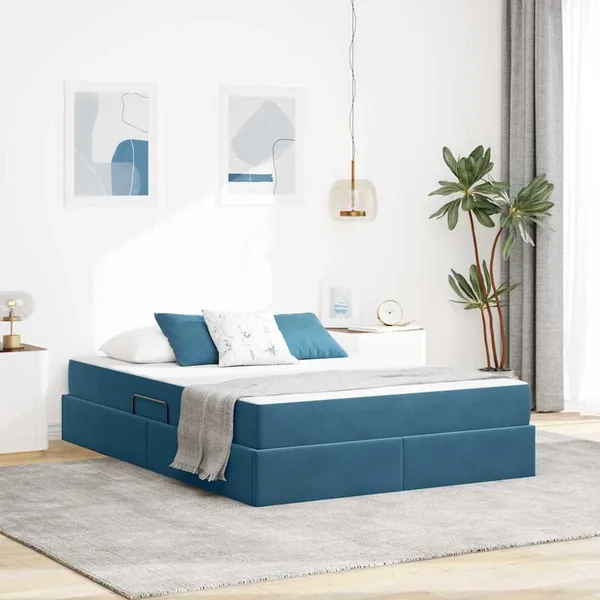 Lit avec rangement et matelas Bleu foncé 140 x 190 cm Velours