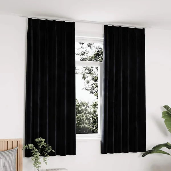 Rideaux occultants avec crochets 2 pcs Velours Noir 140x175 cm