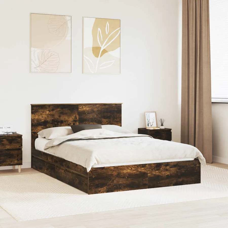 Lit de Rangement Chêne fumé 135 x 190 cm Bois d'ingénierie