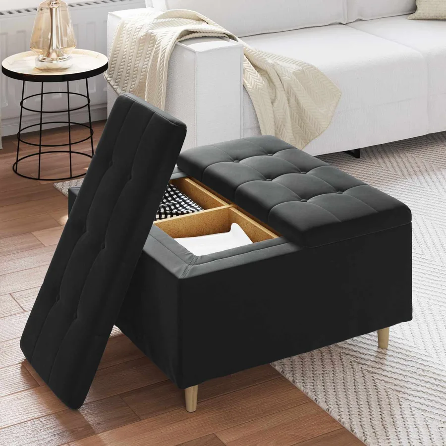 Pouf de rangement avec coussin Noir 80 x 80 x 45 cm Velours - 4
