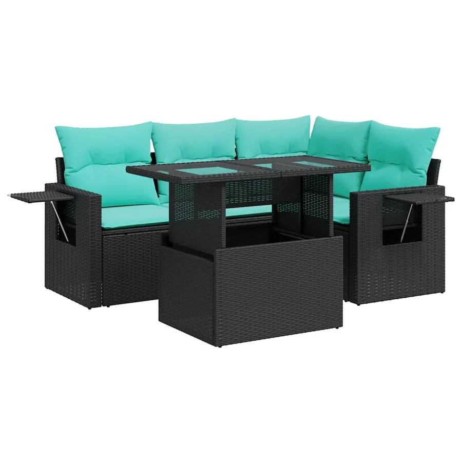 Salon de jardin avec coussins 5pcs noir résine tressée acacia - 2