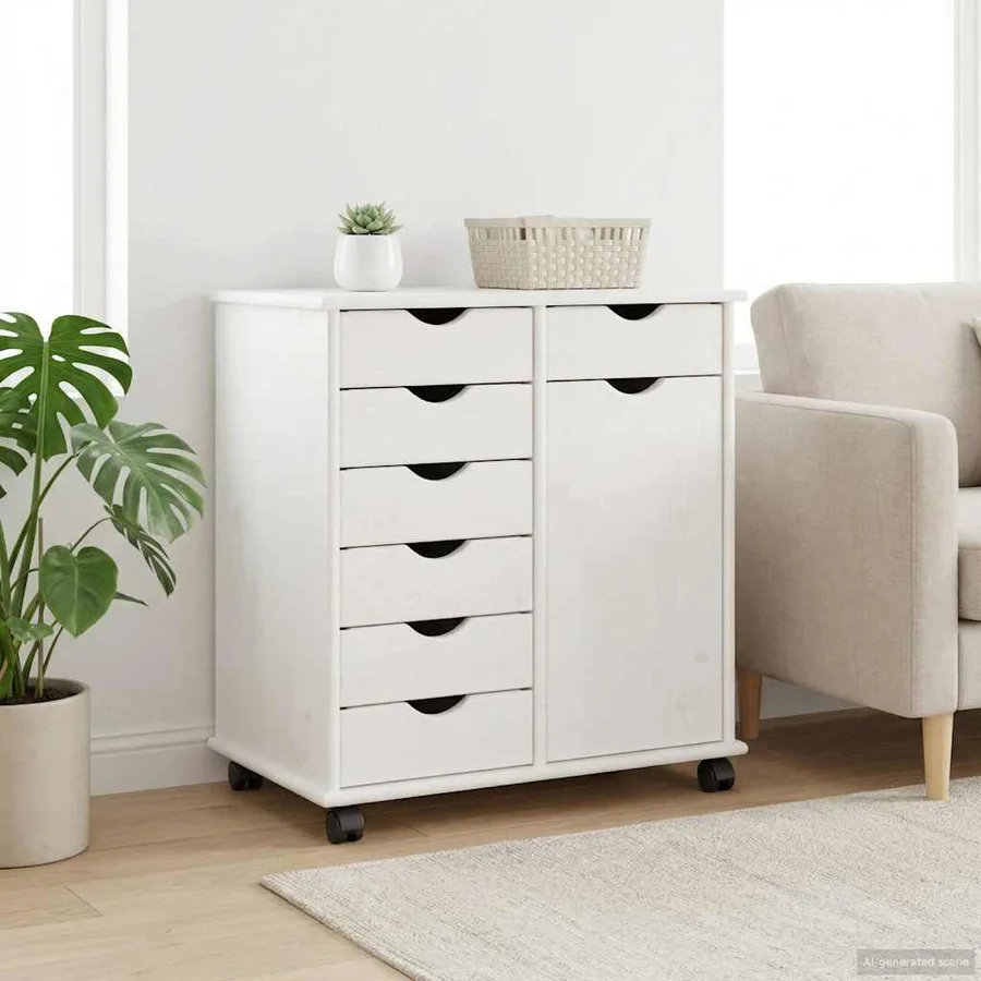 Cabinet roulant Blanc 63,5 x 39 x 65,5 cm Bois de Pin Massif - 3