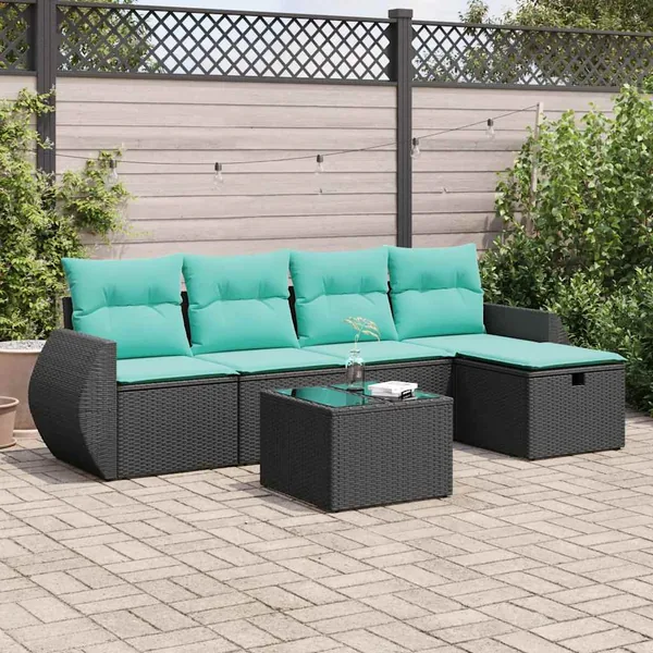 Salon de jardin 6 pcs avec coussins noir résine tressée