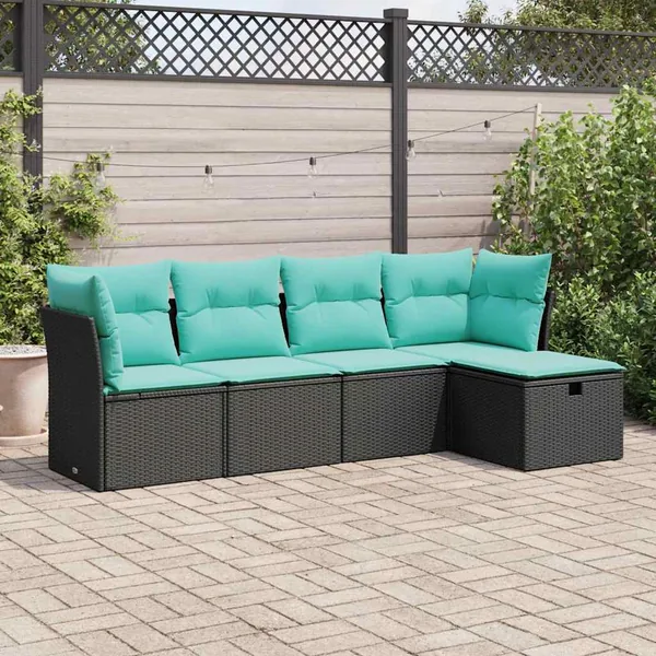 Salon de jardin 5 pcs avec coussins noir résine tressée
