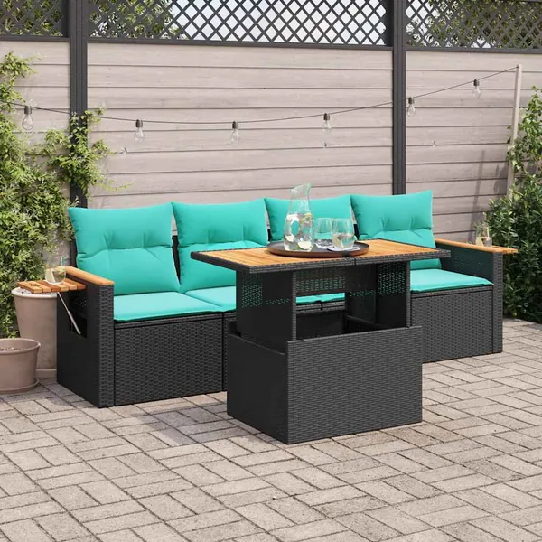 Salon de jardin 5 pcs avec coussins noir résine tressée