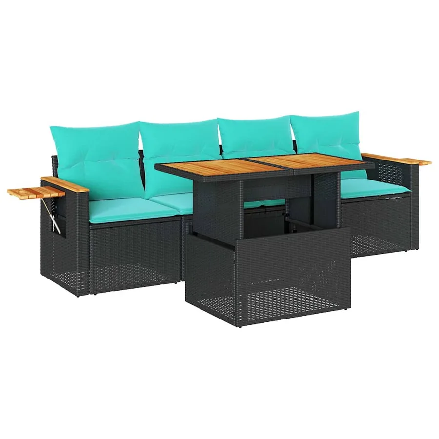 Salon de jardin 5 pcs avec coussins noir résine tressée - 2