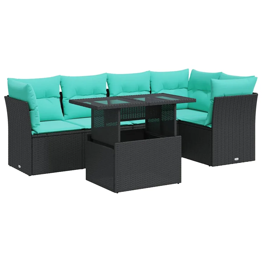 Salon de jardin 6 pcs avec coussins noir résine tressée acacia - 2