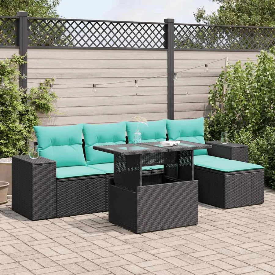 Salon de jardin 6 pcs avec coussins noir résine tressée acacia