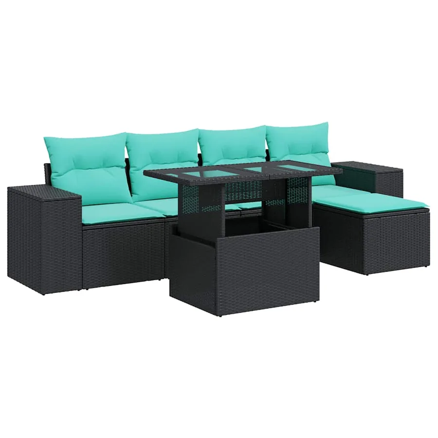 Salon de jardin 6 pcs avec coussins noir résine tressée acacia - 2
