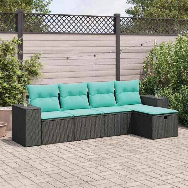 Salon de jardin 5 pcs avec coussins noir résine tressée