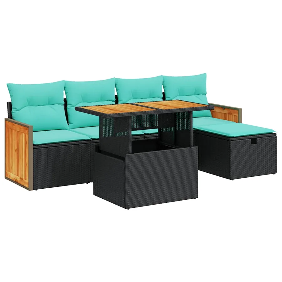 Salon de jardin 6 pcs avec coussins noir résine tressée acacia - 2