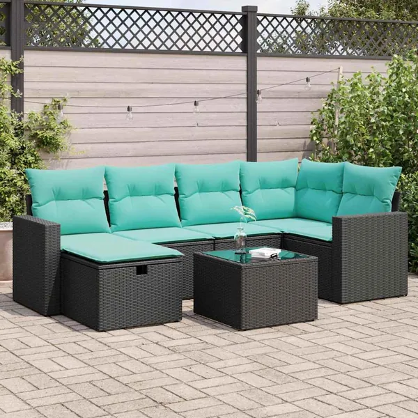 Salon de jardin 7 pcs avec coussins noir résine tressée 55 x 62 x 69 cm - 59,8 kg