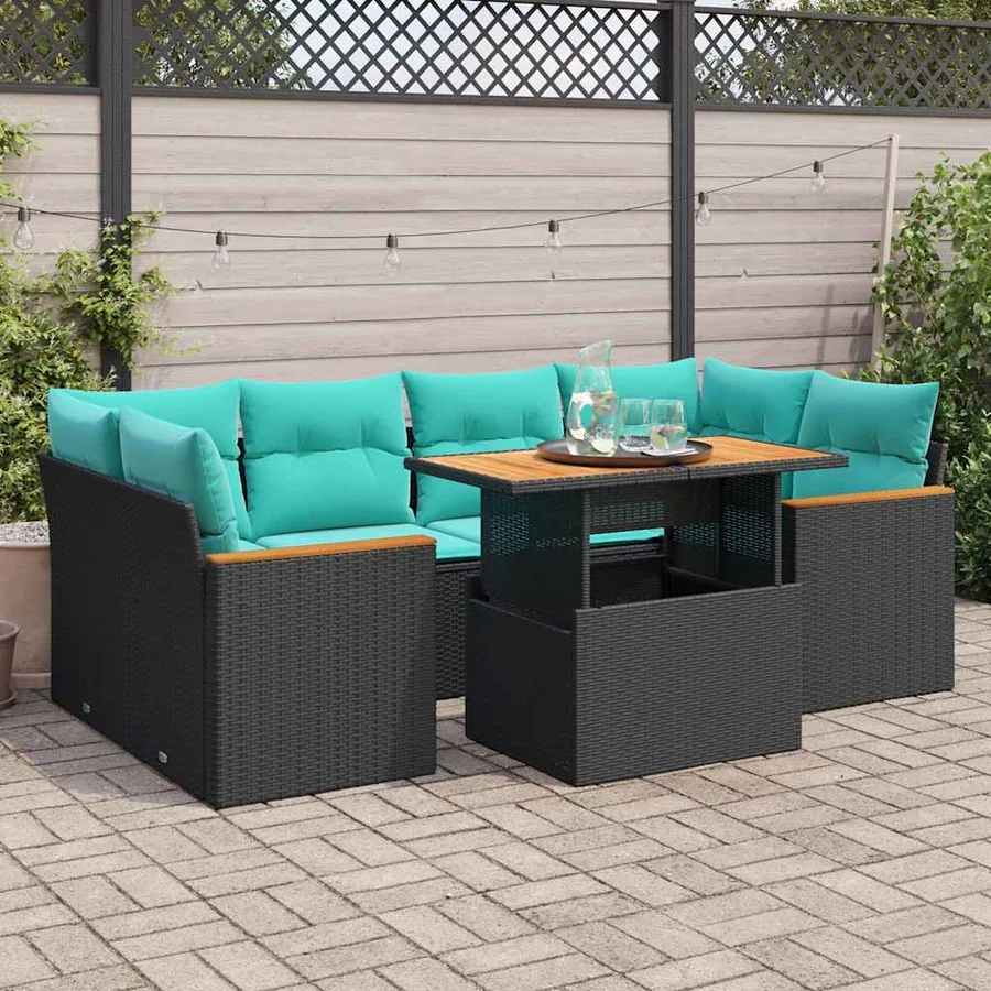 Salon de jardin 7 pcs avec coussins noir résine tressée 55 x 62 x 69 cm - 68,8 kg