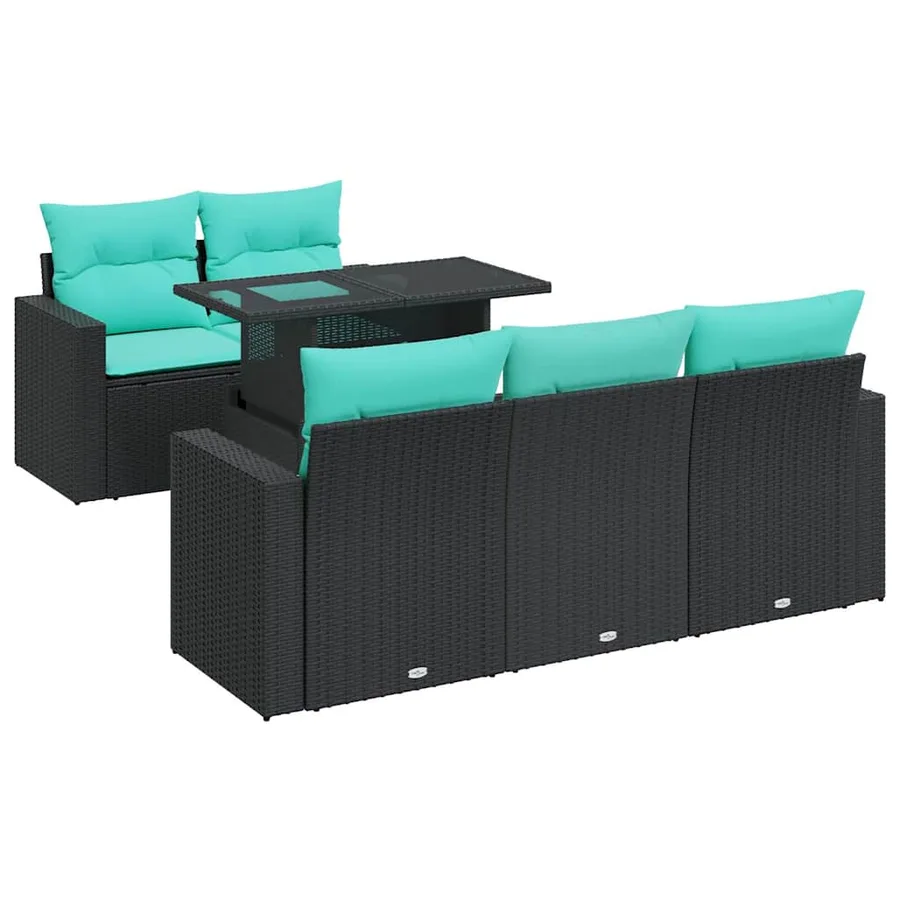 Salon de jardin 6 pcs avec coussins noir résine tressée acacia - 2
